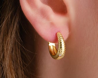 14K Gold Vermeil Ribbed Hoops with CZ, Textured Croissant Earrings
