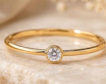 Solid Gold Birthstone Ring, Bezel Set Solitaire Ring, Dainty Stacking Ring, Personalized Gift for Her