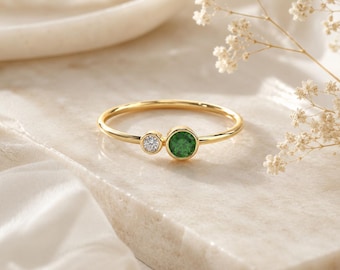 Dainty Green Gemstone & White Stone Ring, Bezel Set Two Stone Gold Ring, Minimalist Birthstone Ring, Delicate Stackable Jewelry Gift