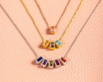 Personalized Family Birthstone Necklace, Dainty Jewelry, Baguette Gemstone Pendant, Custom Birthday Gift for Mom&Grandma, Christmas Gift