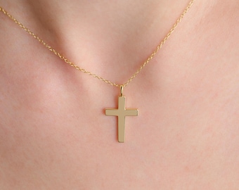 Solid Gold Cross Pendant Necklace, Minimalist Christian Jewelry for Men&Women