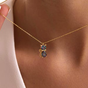 Mystic Topaz Cat Necklace, Handmade Gift for Cat Lovers, Sterling Silver Cat Mom Jewelry, Dainty Kitten Pendant, Bow-tied Cute Animal Charm