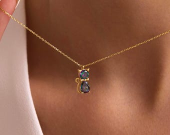 Mystic Topaz Cat Necklace, Handmade Gift for Cat Lovers, Cat Mom Jewelry, Dainty Kitten Pendant, Bow-tied Cute Animal Charm