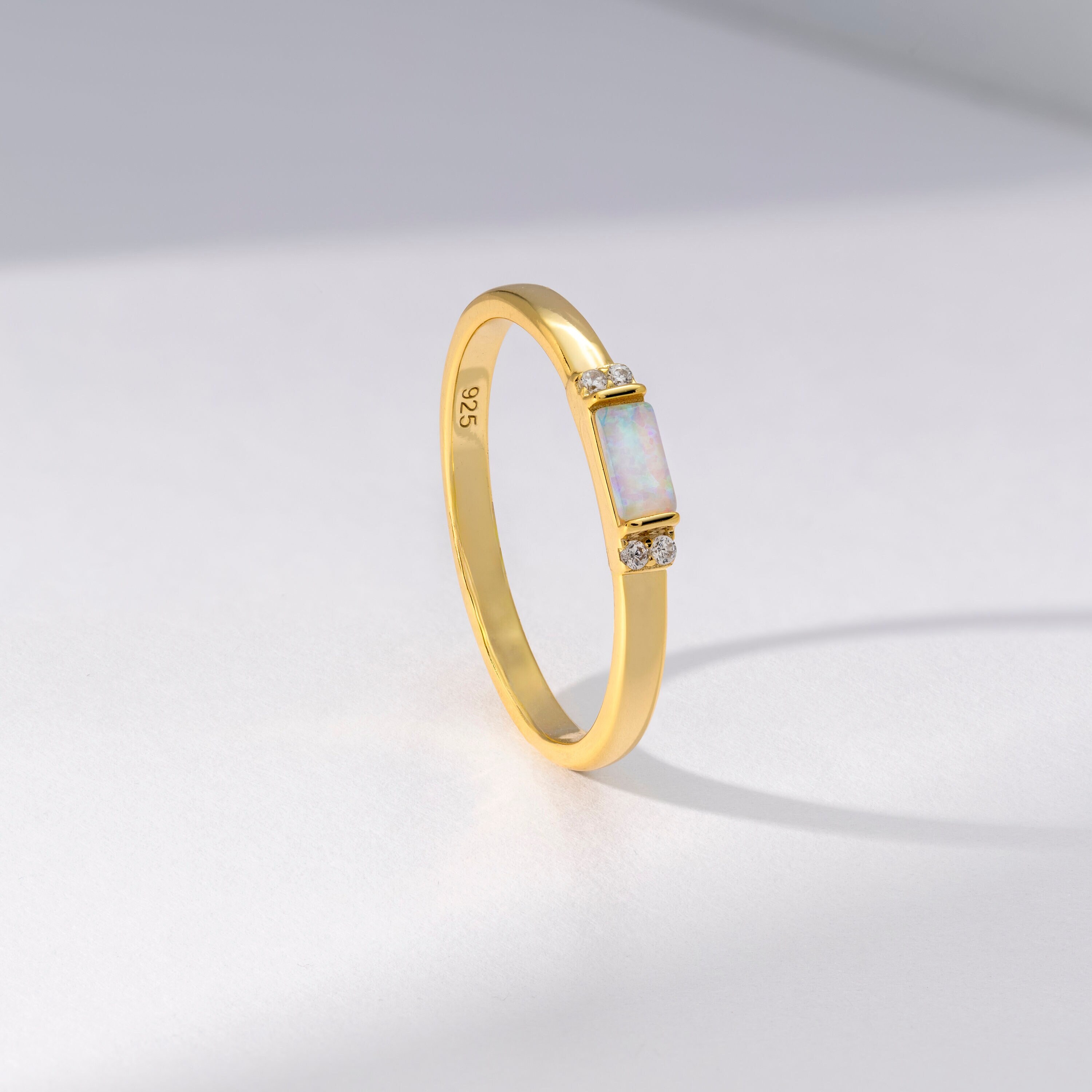 Dainty Baguette Opal Ring, October Birthstone Jewelry, 14K Gold Plated Silver, Minimalist Vintage Pinky Ring, Stackable Thin Engagement Band