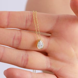 Teardrop Diamond Necklace, Pear Cut Dainty Solitaire Pendant, Anniversary Gift for Her, Minimalist Bridesmaid Jewelry,14K Gold Plated Silver