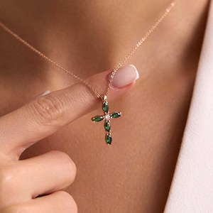 Dainty Cross Necklace with Marquise-cut Emerald,Gift for Mom, Grandma, Handmade Jewelry,Christian Protecting Pendant,Custom Birthstone Cross