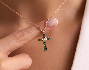 Dainty Cross Necklace with Marquise-cut Emerald,Gift for Mom, Grandma, Handmade Jewelry,Christian Protecting Pendant,Custom Birthstone Cross