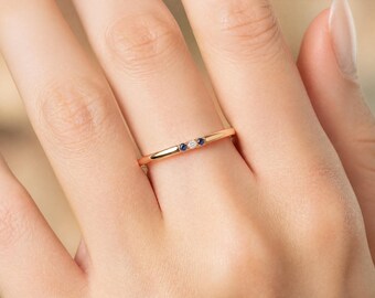 14K Solid Gold Sapphire Diamond Ring, Dainty Three Stone Ring, Minimalist Stacking Ring, September Birthstone Ring, Gift for Her