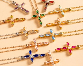 Custom Birthstone Cross Necklace, Personalized Colorful Pray Charm, First Communion Gift, Mother's Day Christian Jewelry, 925 Silver Pendant