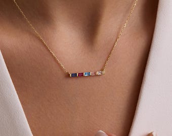 Family Birthstone Necklace, Personalized Multiple Gemstone Bar Necklace, Perfect Gift for Mom&Grandma, Custom Handmade Jewelry