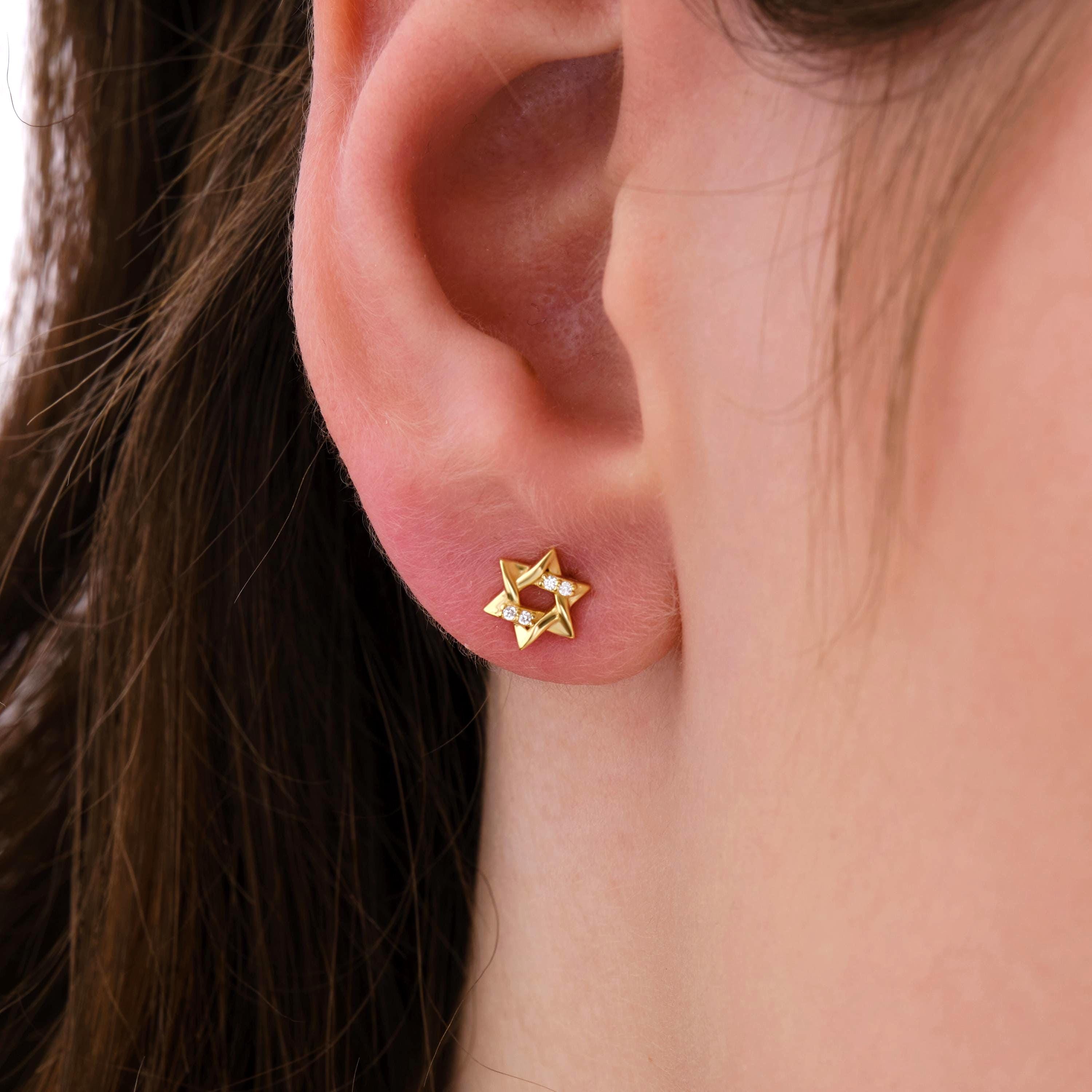 Silver Star of David Stud Earrings, Hypoallergenic 14K Gold