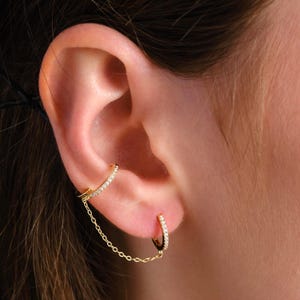 Double Hoop Earrings, Minimalist 2 Hole Chain Earrings, Double Piercing, Dainty Handcuff Earrings, Hypoallergenic, Linked Hoops, Silver&CZ