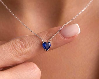 Personalized Heart Birthstone Necklace, Tiny Lover Charm, Dainty Custom Gemstone Pendant, Minimalist Jewelry Gift, September&Sapphire