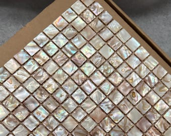 Mini mosaico cuadrado de nácar hecho a mano, color ámbar cálido, 100 % natural, de lujo, iridiscente, resistente al agua, para cocina, baño y bricolaje.