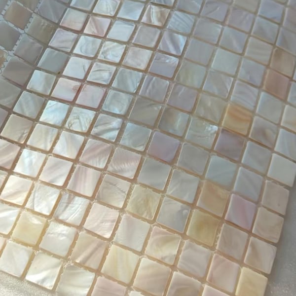 Mosaico cuadrado de nácar hecho a mano, color marfil rosado y rubor natural, 100 % natural, de lujo, iridiscente, resistente al agua, para cocina y baño.