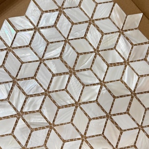 Mosaico de nácar rombo hecho a mano, color blanco marfil, 100 % natural, de lujo, iridiscente, resistente al agua, para cocina, baño y proyectos de bricolaje.