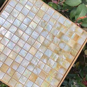 May include: A box of square mosaic tiles. The tiles are a mix of white, cream, and gold, with an iridescent sheen. The tiles are arranged in a grid pattern. The box is made of cardboard and is surrounded by green foliage.