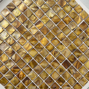 Handmade Square Mother of Pearl Mosaic Tile Dyed Golden Yellow 100% Natural Luxury Iridescent Shell for Indoor Wall Decor or DIY Art Project