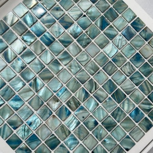Handmade Square Mother of Pearl Mosaic Tile Dyed Aqua (Blue-Green Tone) 100% Natural Luxury Iridescent Shell for Indoor Wall Decor or DIY