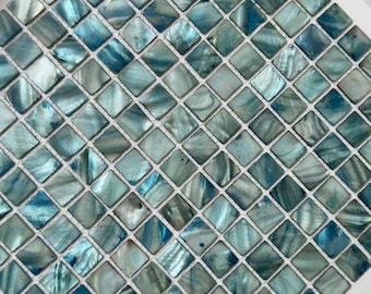 Handmade Square Mother of Pearl Mosaic Tile Dyed Aqua (Blue-Green Tone) 100% Natural Luxury Iridescent Shell for Indoor Wall Decor or DIY