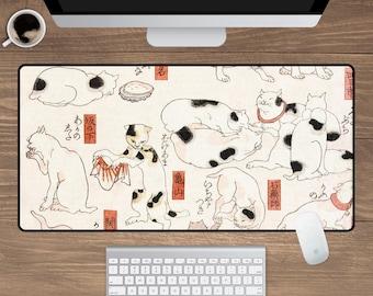 Japanese Cat Desk Mat, Anime Gaming Mousepad, Japan Art XL XXL Large Work Mat, Game Desk Accessory, Gift for Gamers, Gift for Cat Lovers