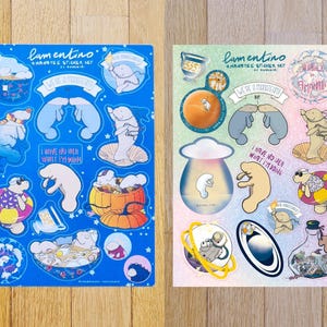 Lamentino Sticker Set - 2 fogli A5 in carta 100% cotone e carta olografica con illustrazioni di lamantini adesivi