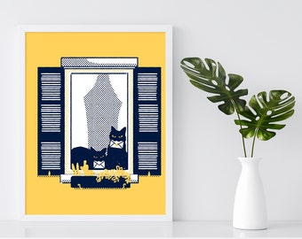 Windowsill cats - Black cat duo on a typical Italian window in a "Milano yellow" building poster