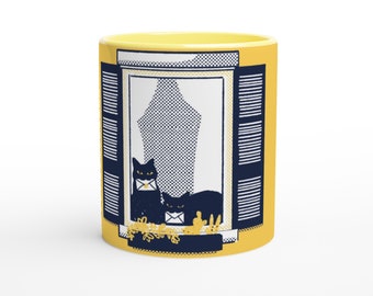 Windowsill cats ceramic Mug 11oz with yellow handle and inside with a black cats duo on a typical Italian window in a Milano yellow building