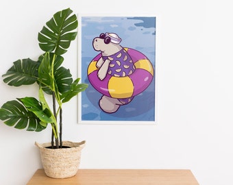 Summer manatee with floater and sunglasses illustration poster