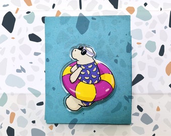 Summer manatee with floater and swimsuit acrylic pin