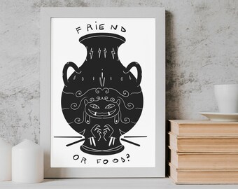 Friend or food? - poster con illustrazione in bianco e nero di vaso in stile antica Grecia con testa di Medusa formato A4 #vasettinervosetti