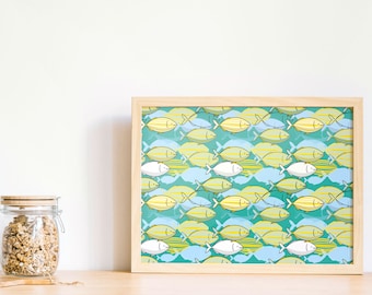 Salpa salpa poster con stampa di illustrazione con pattern di pesci a strisce gialle del Mediterraneo su sfondo color menta
