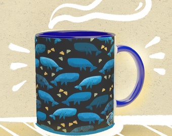 Blue whales Ceramic Mug 11oz with blue handle and inside - pattern illustration with yellow seashells on black background