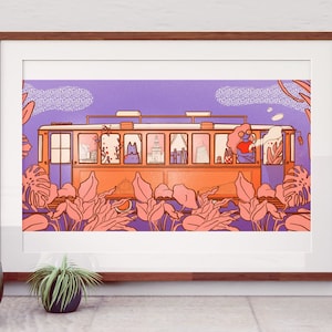 Home is where the plants are. And the cats, of course. Girl enjoying coffee in a classic Milano orange cable car poster illustration