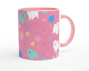 Chow chow ceramic cug 11oz with pink handle and inside with neon colors pink and blue pattern with friendly sōngshīquǎn dog