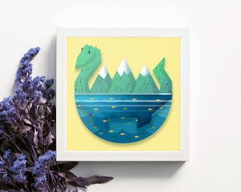 Nessie illustration print with friendly little lake moster poster