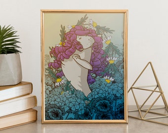 Spring manatee - pink curly-haired allegory of spring as a manatee, crowned with daisies in a field of flowers A3 poster illustration