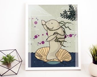 Venus manatee A3 poster self-care funny illustration print