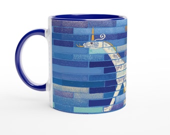 Snake-headed dragon illustration from Babylon Ishtar Gate ceramic mug 11oz with blue handle and inside for history and archeology lovers