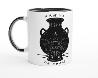 Friend or food? - Medusa gorgon head ceramic Mug 11oz with black handle and inside black and white illustration