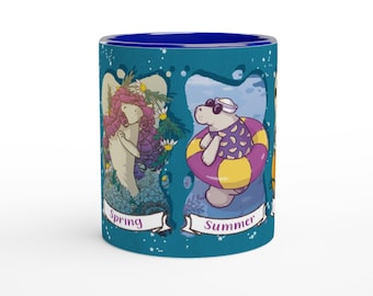 Four seasons Ceramic Mug with blue handle and blue inside 11oz - winter spring summer fall manatee illustration