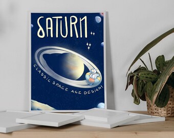 Saturn: classic space age design! Astronaut manatee in space A3 poster illustration
