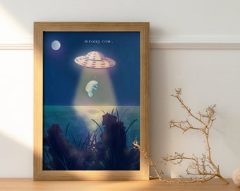 Wrong cow - alien abduction manatee poster illustration