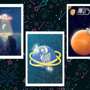 Jeu de cartes postales sur lamantin de l'espace : mauvaise vache enlevée par des extraterrestres, j'aime l'espace à la fois extérieur et personnel lamantin astronaute, Mars ose les bêtises