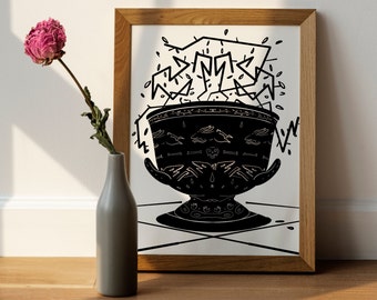 Poster con illustrazione di vaso in stile skyphos con conigli e segugi formato A4