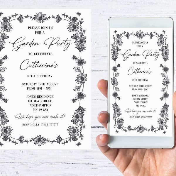 Botanical Garden Party Invitation (Black & White) - personalised and ready to send in minutes - invite guests to the celebrations in style!