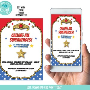 Calling all Superheroes! Birthday Party Invitation, personalised quickly and easily on your phone