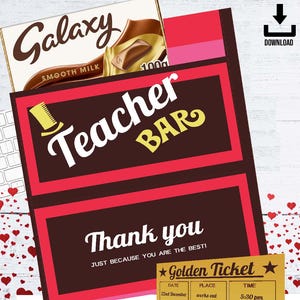 May include: A Galaxy Smooth Milk chocolate bar is presented with a Teacher Bar gift card. The card is dark brown with red borders and features the words "Teacher Bar" and "Thank you." A golden ticket is included.