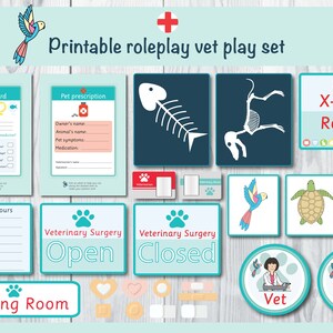 May include: Printable roleplay vet play set with colourful cards, signs, and images. Includes a patient card, pet prescription, opening hours, veterinary surgery open and closed signs, waiting room sign, X-ray room sign, and vet signs.