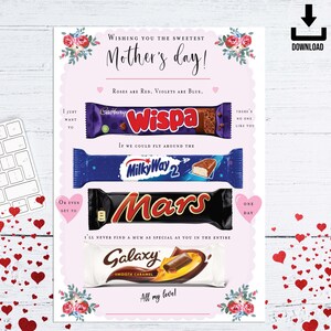 May include: A pink and white card with a floral design and the text "Wishing you the sweetest Mother's Day!"  The card features a rhyme about chocolate bars, including Wispa, Milky Way, Mars, and Galaxy.